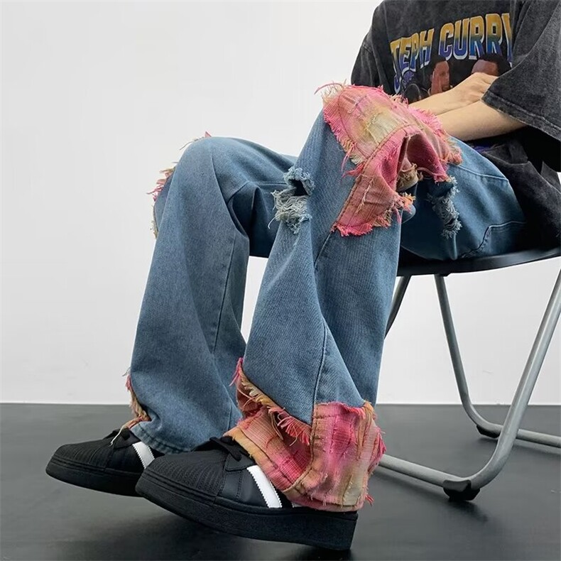 得物品质港风牛仔裤贴布破洞直筒宽松长裤NK003P55，男装牛仔裤，星座1013-1