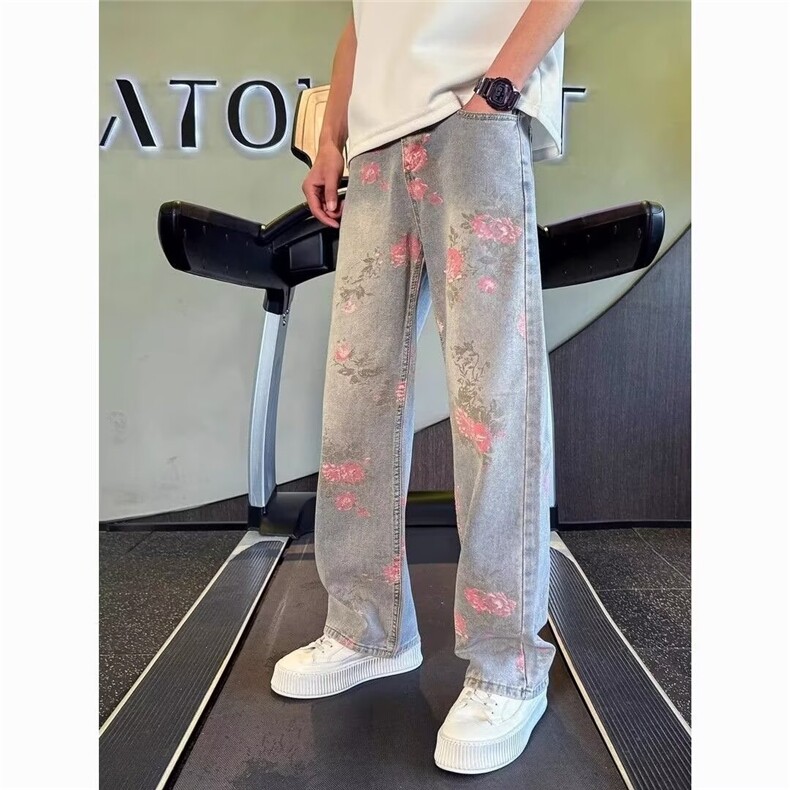 AK2124-P50美式复古满印玫瑰花朵慵懒风阔腿牛仔裤，女装休闲裤，星座617A-2