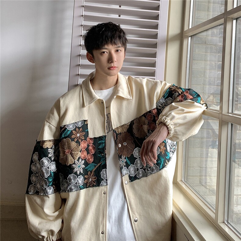 港风休闲宽松刺绣潮拼接翻领工装大码M-5XL夹克男7568P85控118，男装夹克，星座227-7