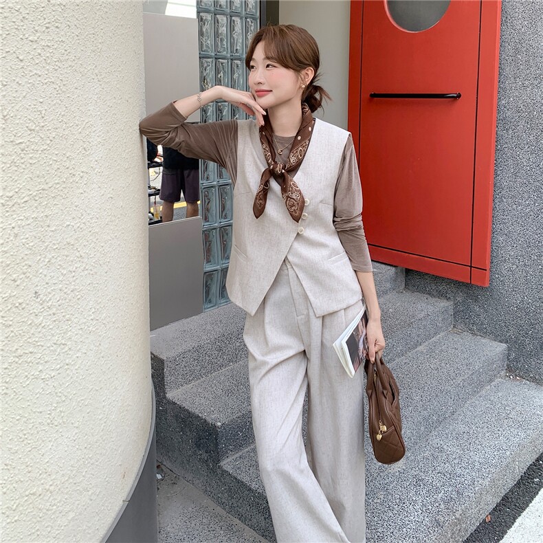 新款老钱风围巾马甲阔腿裤3件套2C282-976,女装套装/套裙,2C282