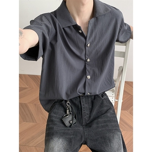 褶皱天丝混纺肌理丝滑垂感短袖Cleanfit衬衫男图片