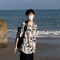 夏季沙滩度假风痞帅花衬衫男韩系冷淡风复古设计冰感薄款短袖潮牌，男装T恤，四季星座505
