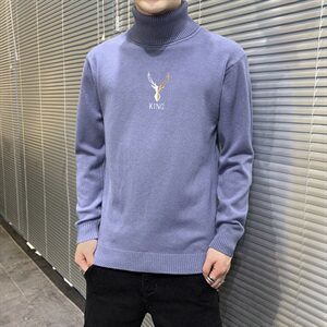 秋冬可翻高领毛衣男鹿头纯色长袖男刺绣毛衫打底针织衫米M255P33图片
