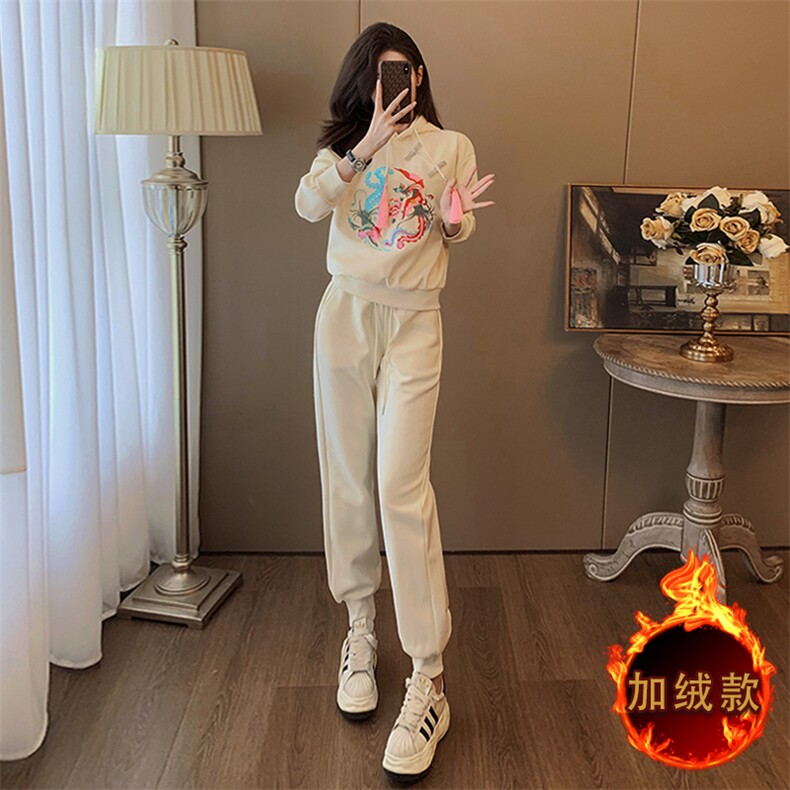 新中式风刺绣连帽卫衣加绒加厚两件套，女装套装/套裙，江南