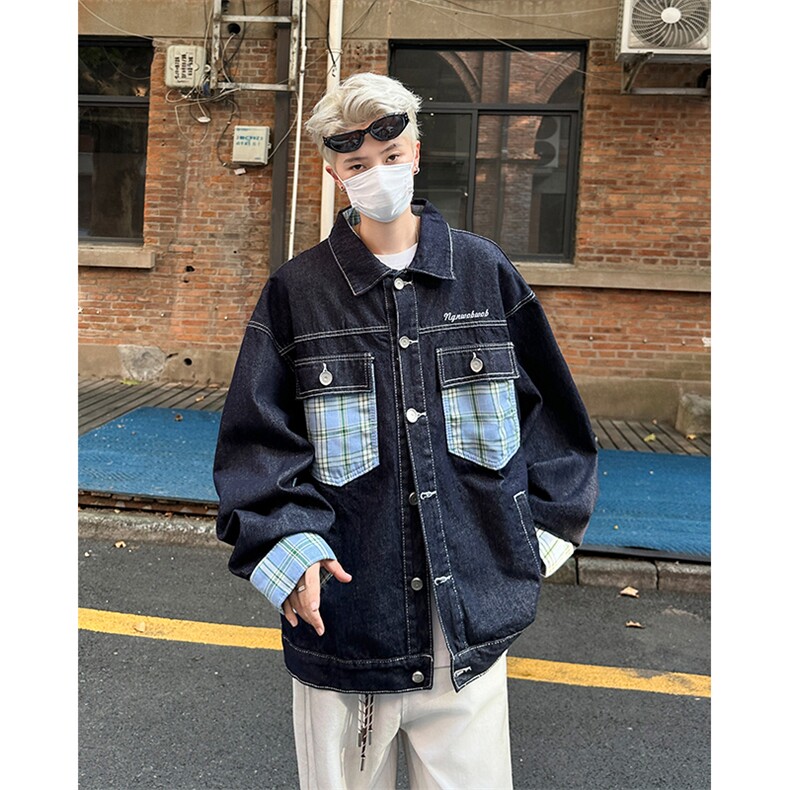 2024新款格子口袋拼接牛仔外套撞色翻领夹克青少年现货W8460-P68,男装夹克,星座512-4