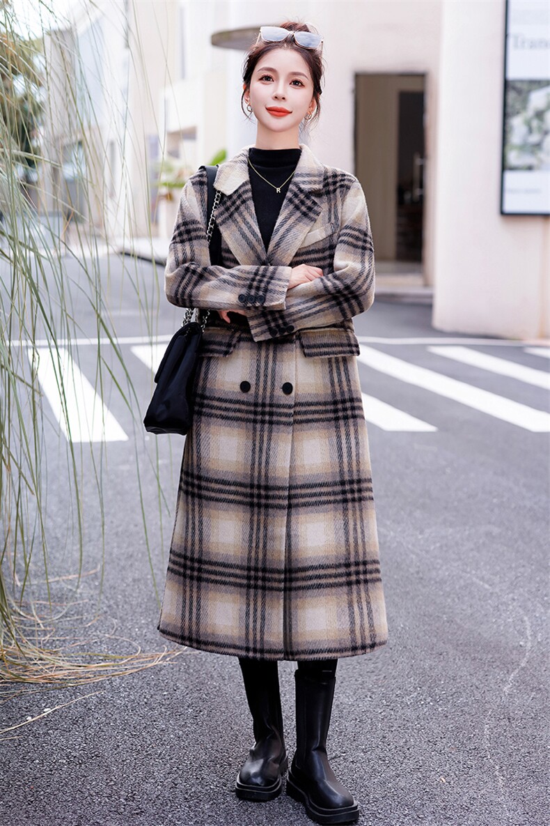 黑色格纹双面羊绒大衣女冬季加厚2025新款好看独特中长款毛呢外套,女装双面呢大衣,雅静靓衣