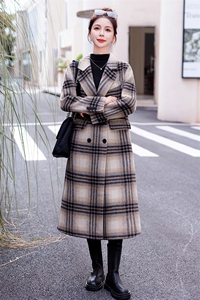 黑色格纹双面羊绒大衣女冬季加厚2025新款好看独特中长款毛呢外套图片