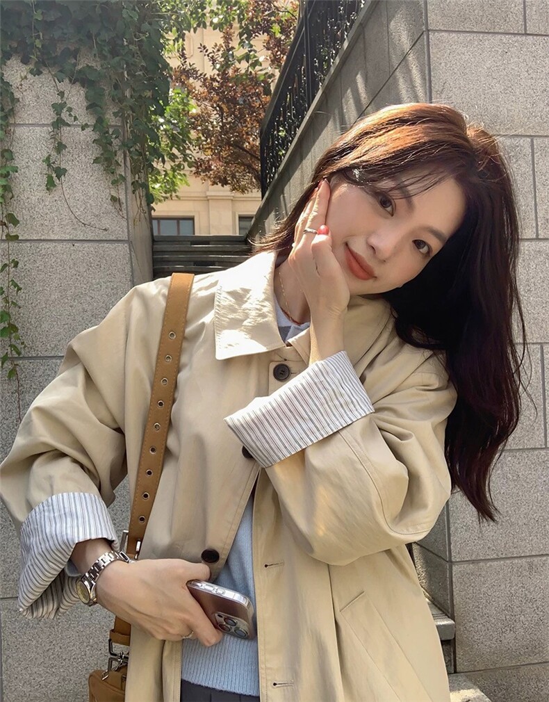 2025年秋季中长款秋冬季拼接条纹袖廓形中长款风衣外套,女装风衣,湘姗