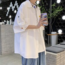 翻领短袖衬衫夏季潮流贴标排扣休闲宽松男生衬衣半袖CS009-P28，男装T恤，星座1008-2