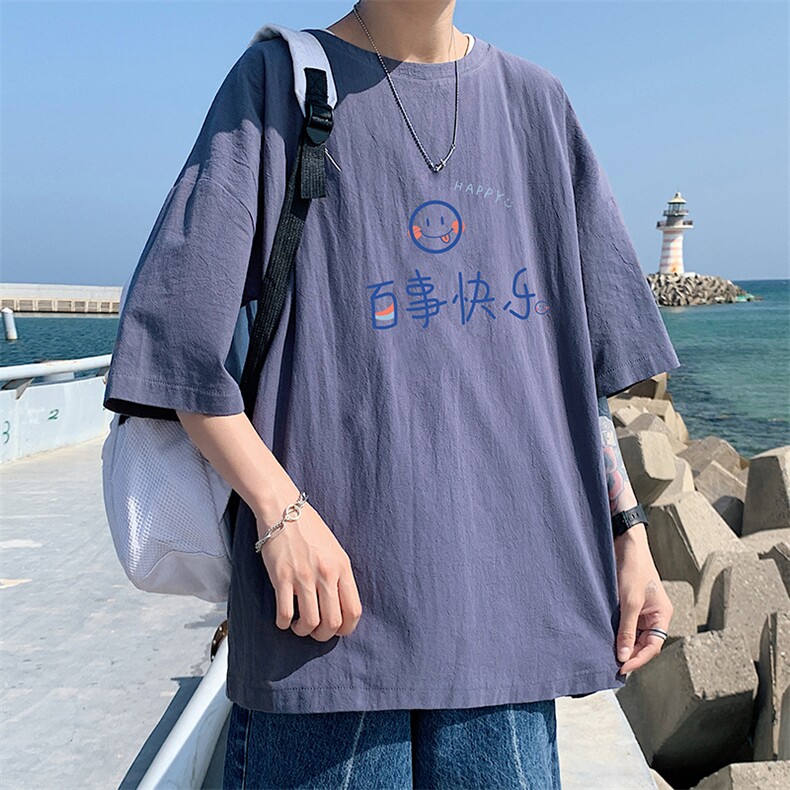 YT26183-P30亚麻短袖t恤男大码五分袖男宽松七分袖港风模特,男装T恤,电商A040