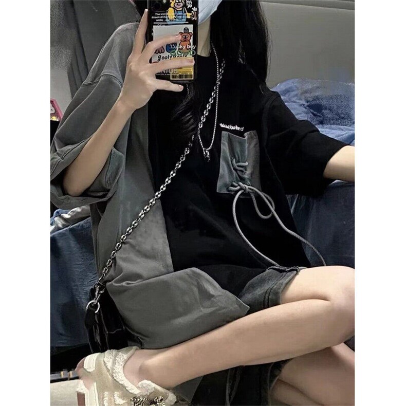 中长款洋气百搭港味短袖夏欧货宽松套头慵懒风拼接上衣TF248,男装Polo衫,星座1116A（原606A-3）