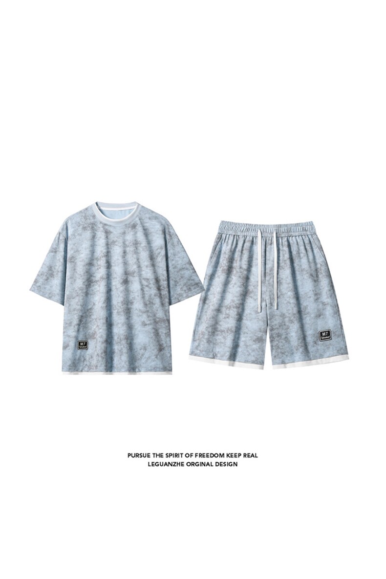 2025夏季新款港风白底大码假两件冰丝短袖套装M-5XHQ25574-P60,男装休闲套装,电商A022