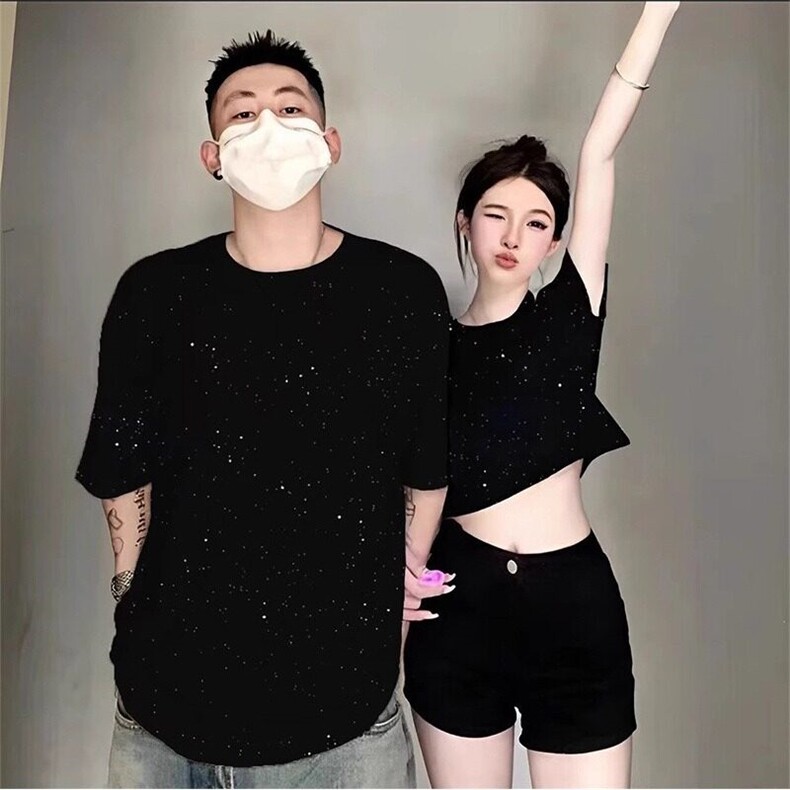 黑色满天星t恤男夏季情侣短袖上衣美式潮牌宽松纯棉高级感体恤衫,男装T恤,星座506A
