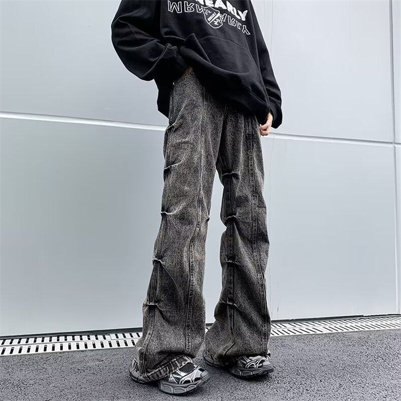 美式高街牛仔裤男韩版潮流褶皱帅2026春季新款ins长裤RK1331-P51，男装牛仔裤，星座412-2
