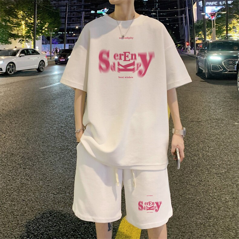 ！2025夏季男士华夫格短袖套装百搭学生运动一套HTZ128P50,男装T恤,电商B220