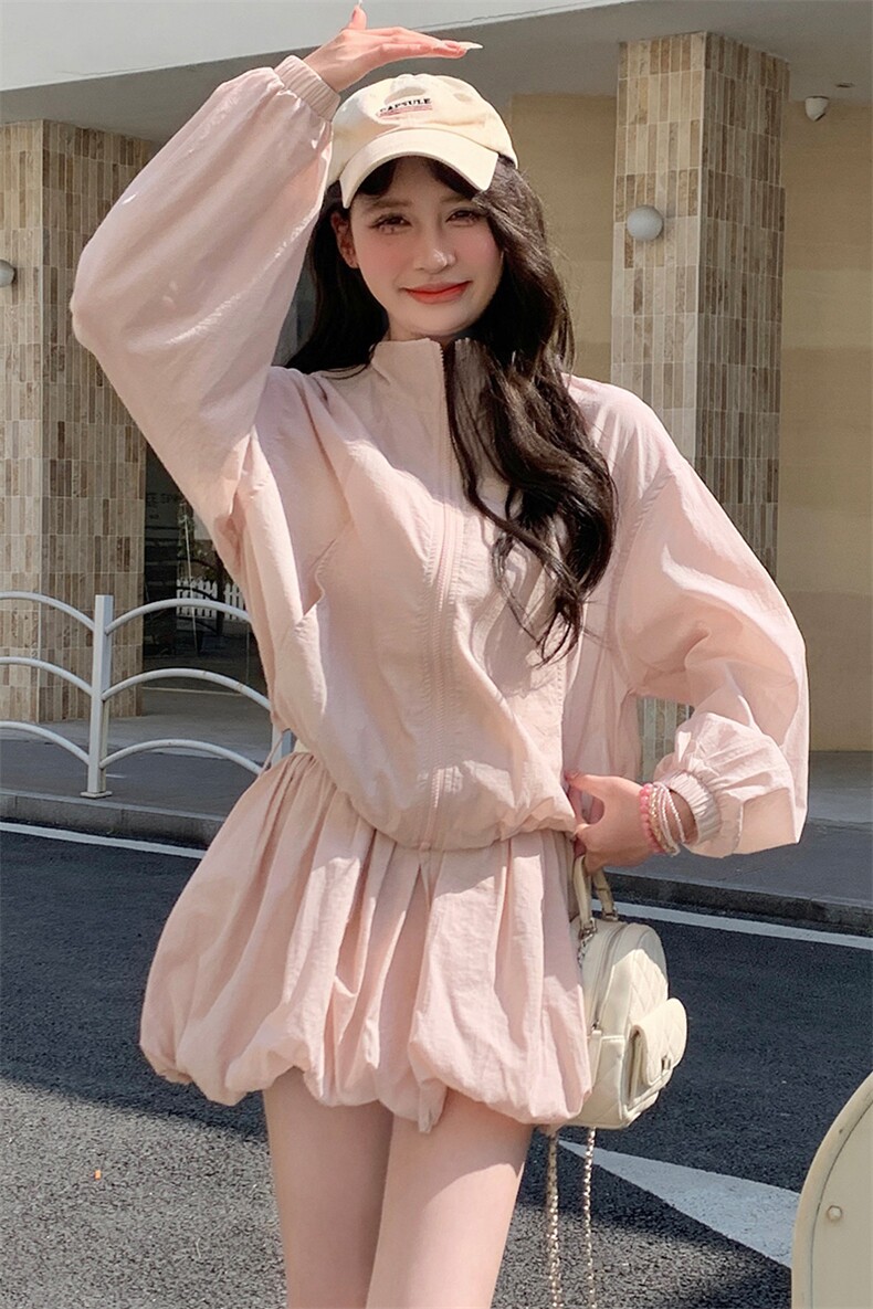 粉色短款上衣花苞裙套装女夏季甜美穿搭一整套防晒衣半身裙两件套,女装套装/套裙,2C085