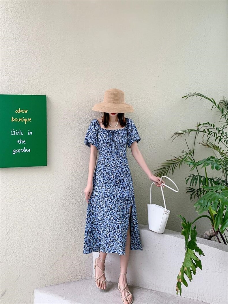 现货蓝色妖姬开叉法式连衣裙，女装连衣裙，TOP.1