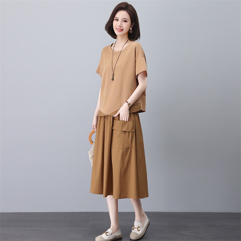 休闲妈妈减龄套装裙夏中年宽松微胖显瘦气质干练御姐连衣裙两件套,女装套装/套裙,忆绮罗