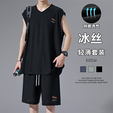 特批P60无差价夏季网眼透气轻薄冰丝皮标男宽松背心两件套TZ5588，男装休闲套装，电商A001-1
