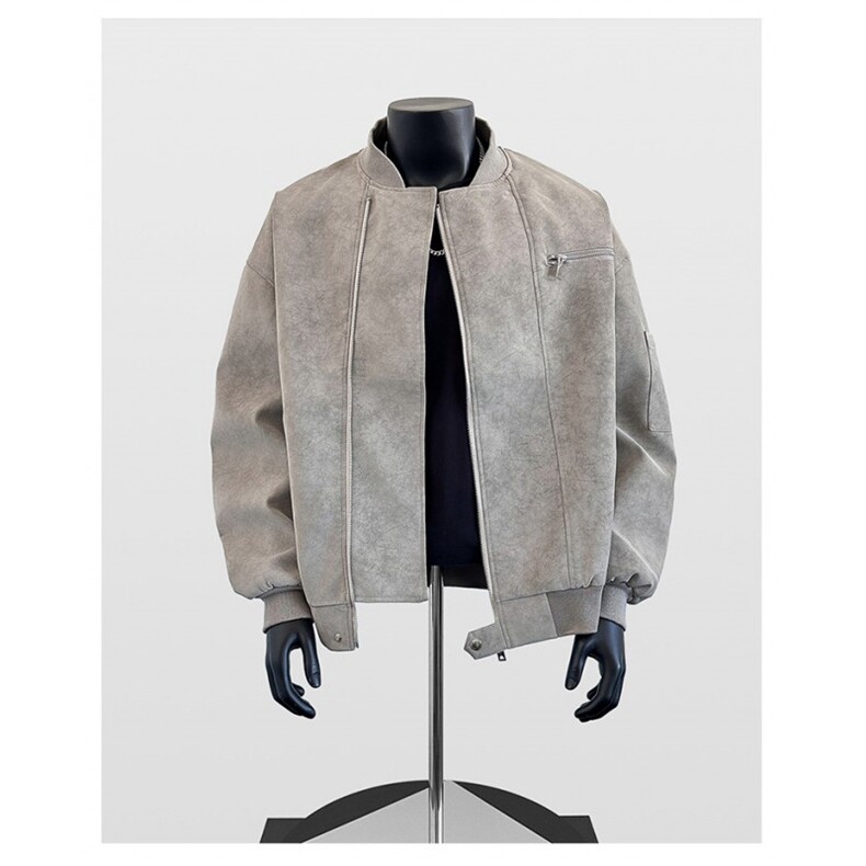 W10492-P73自家图现货复古水洗做旧PU皮夹克垫肩立领机车服外套,男装夹克,星座1608