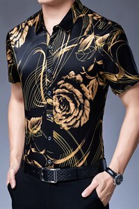 短袖印花衬衫装2023夏季新款中年男士宽松休闲时尚免烫衬衣图片