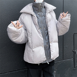 冬PU皮小众光亮面双层加厚宽松棉服立领面包服金属纽扣假两件棉衣图片