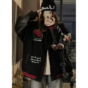 印花春秋徽章拼接皮袖男女撞色棒球服外套潮宽松夹克 J835图片