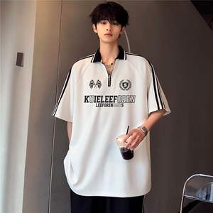 黑白拼接小众美式复古POLO衫半拉链街头短袖T恤男女同款T74-P38图片