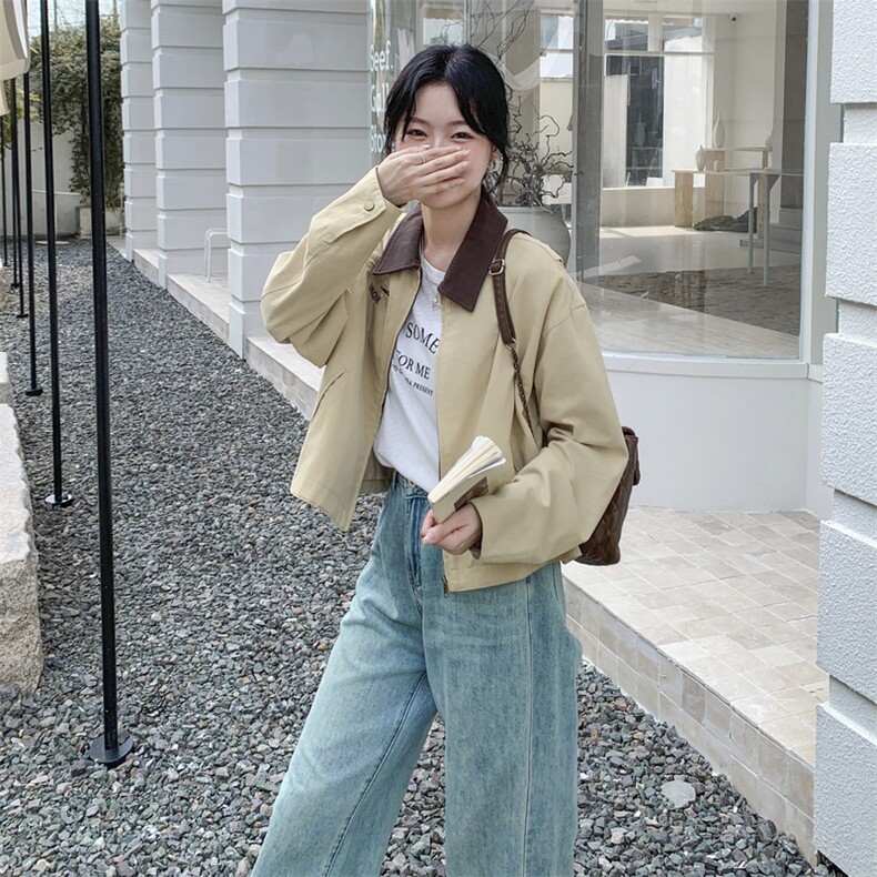 卡其色短外套女早秋2025新款爆款独特漂亮韩系小个子休闲减龄夹克,女装短外套,2C316