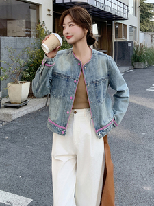韩版休闲圆领撞色牛仔外套女2025早春新款小个子减龄宽松夹克上衣图片