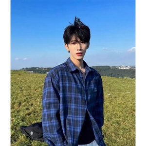 美式潮牌蓝色格子长袖衬衫男女款2026春夏秋季高级感格纹衬衣外套图片