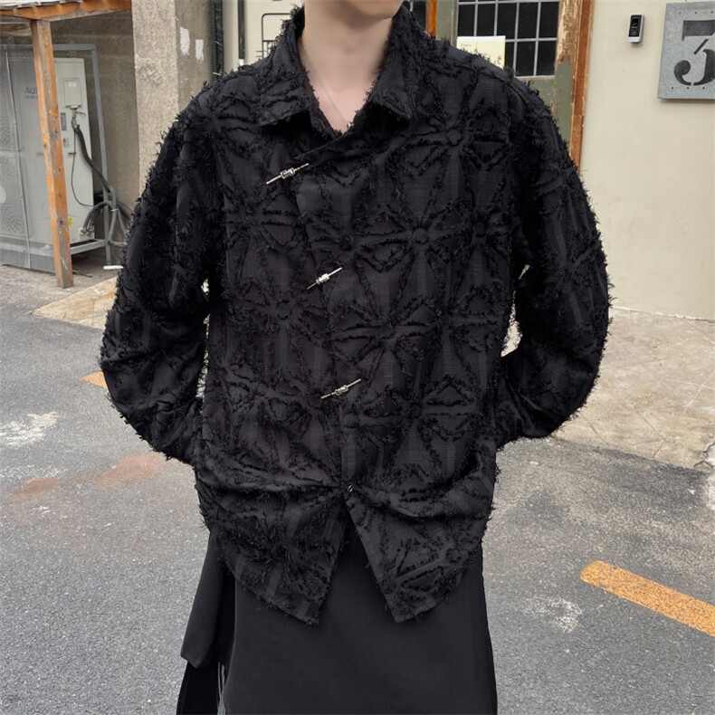 新中式复古高级感金属盘扣流苏长袖衬衫男潮唐装大码风衬衣,男装衬衫,星座909