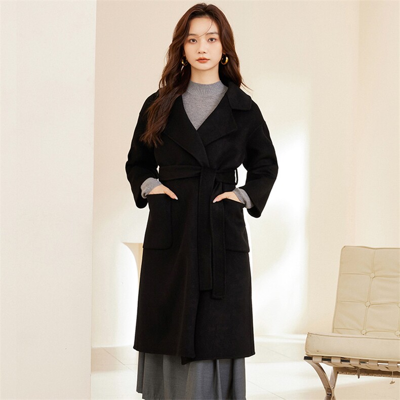 新款秋冬浴袍羊毛双面呢大衣女士哦长款修身绵羊毛外套，女装双面呢大衣，温鑫双面呢