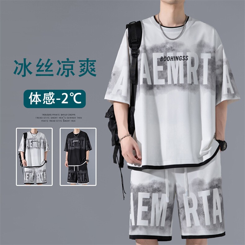 2024夏季新款无影墙大码冰丝印花短袖套装M-5XHQ24502-P75,男装休闲套装,电商A022