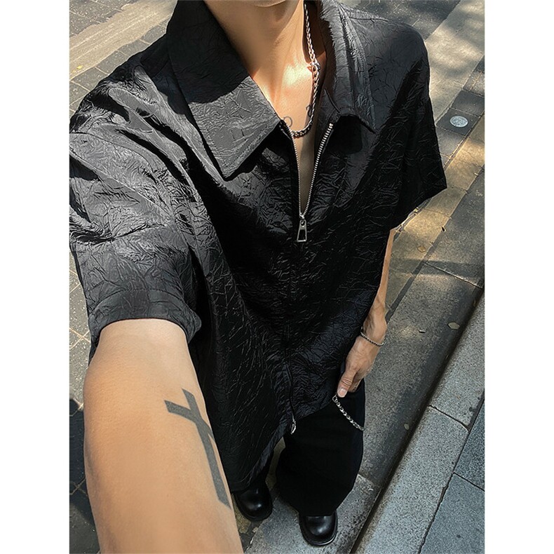 CS6018-P35控58夏季特殊压皱设计拉链短袖衬衫男,男装衬衫,电商A058-1（原电商C417）