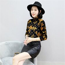 2020年冬季长袖印花花色植绒纱网镶钻修身蕾丝衫，女装蕾丝衫/雪纺衫，安之芮娜