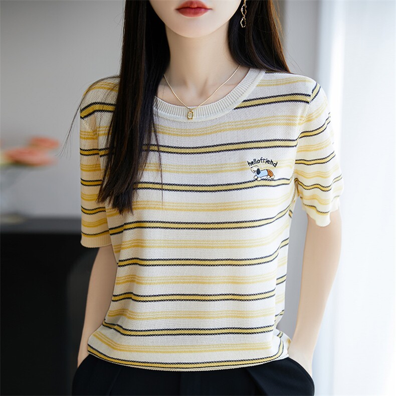 100%莱赛尔天丝针织短袖女圆领条纹刺绣小狗宽松T恤拼色显瘦上衣,女装T恤,郡淞羊绒