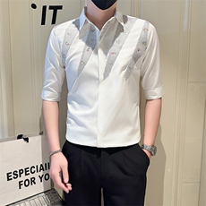 店主风社会小伙男绣花七分袖衬衫男日常休闲衬衣301A-1/CS568/P55，男装衬衫，星座301A-1