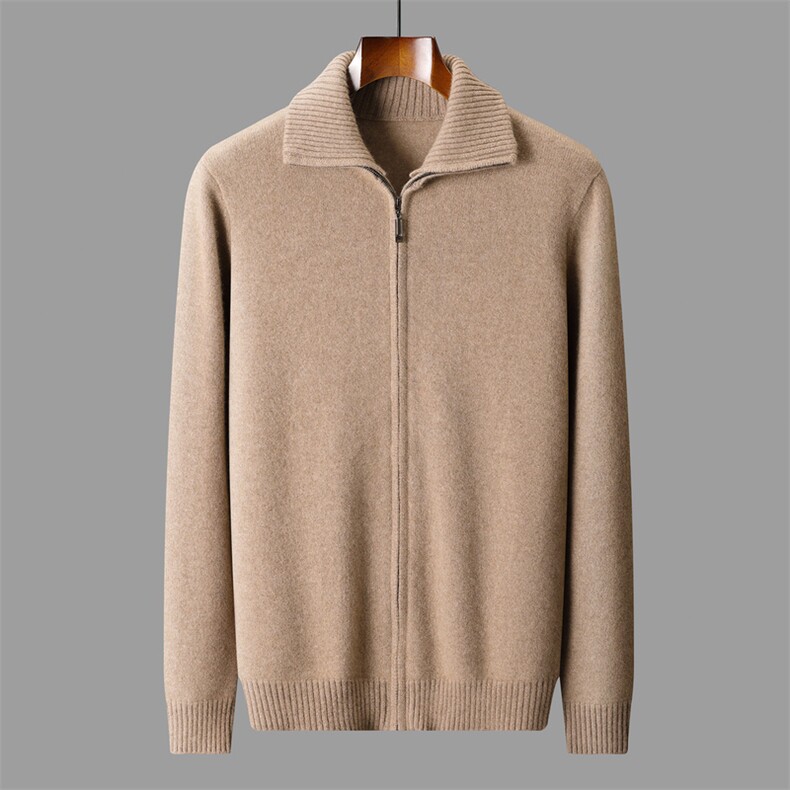 2025秋冬百搭时尚翻领拉链开衫平面针织衫，男装羊绒套衫，盛欣羊绒