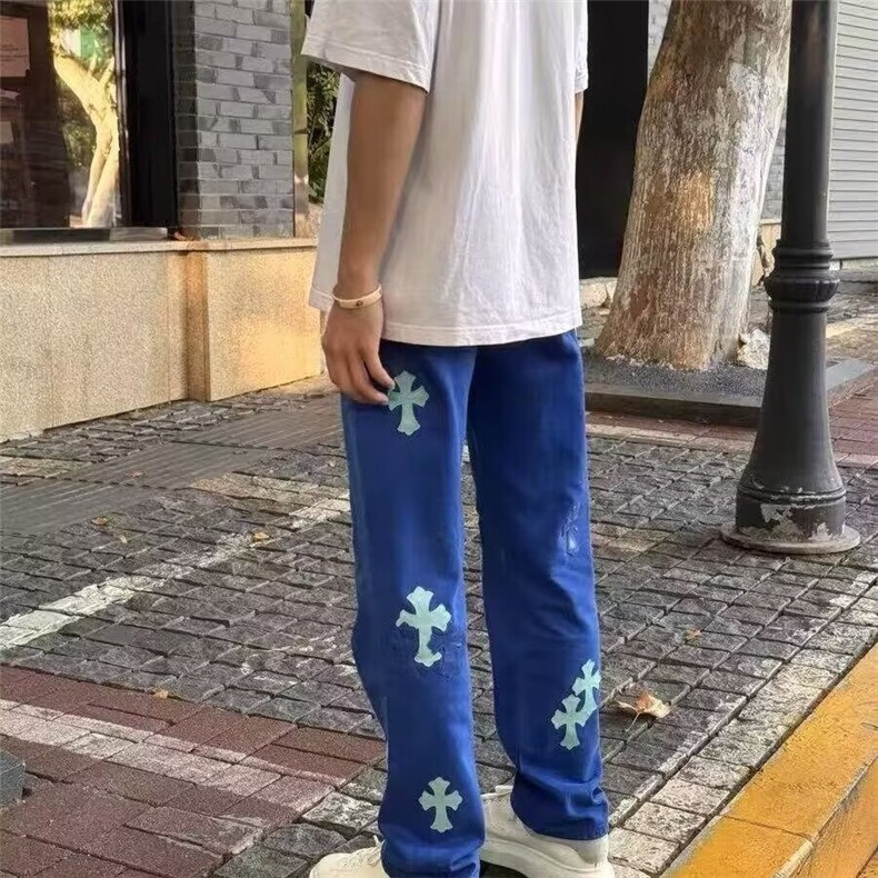 美式复古高腰蓝色牛仔裤春秋季辣妹高街设计感宽松显瘦窄版直筒裤,男装牛仔裤,四季星座505