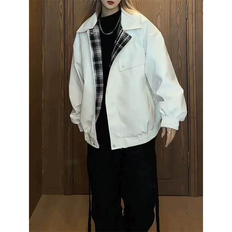 双面穿格子机车棉服男女款加厚高级感工装皮衣宽松美式夹克外套潮图片