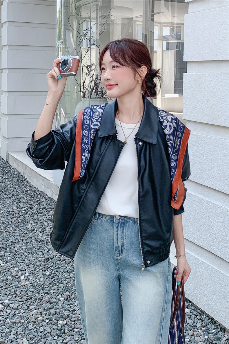 《档口现货》2026秋上新超柔软蛋白皮外套配丝巾气质皮衣小外套女,女装皮衣,时尚风爆