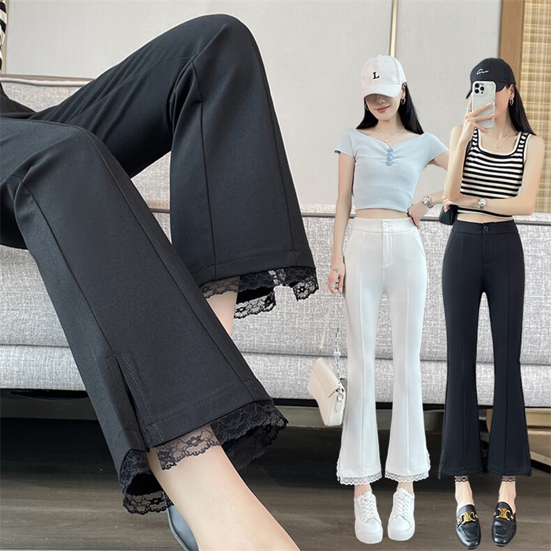 现货2025新款黑色西装微喇裤女显瘦小个子九分蕾丝开叉喇叭裤,女装休闲裤,云美莎专业女裤-全店现货