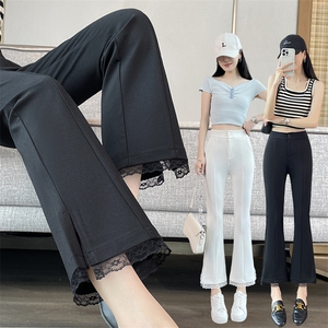 现货2025新款黑色西装微喇裤女显瘦小个子九分蕾丝开叉喇叭裤,女装休闲裤,云美莎专业女裤-全店现货