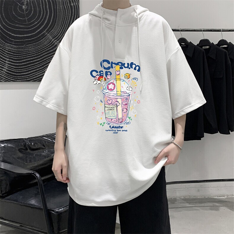 LD54332-P45NASA 连帽短袖t恤男大码胖子带帽五分袖中袖图片