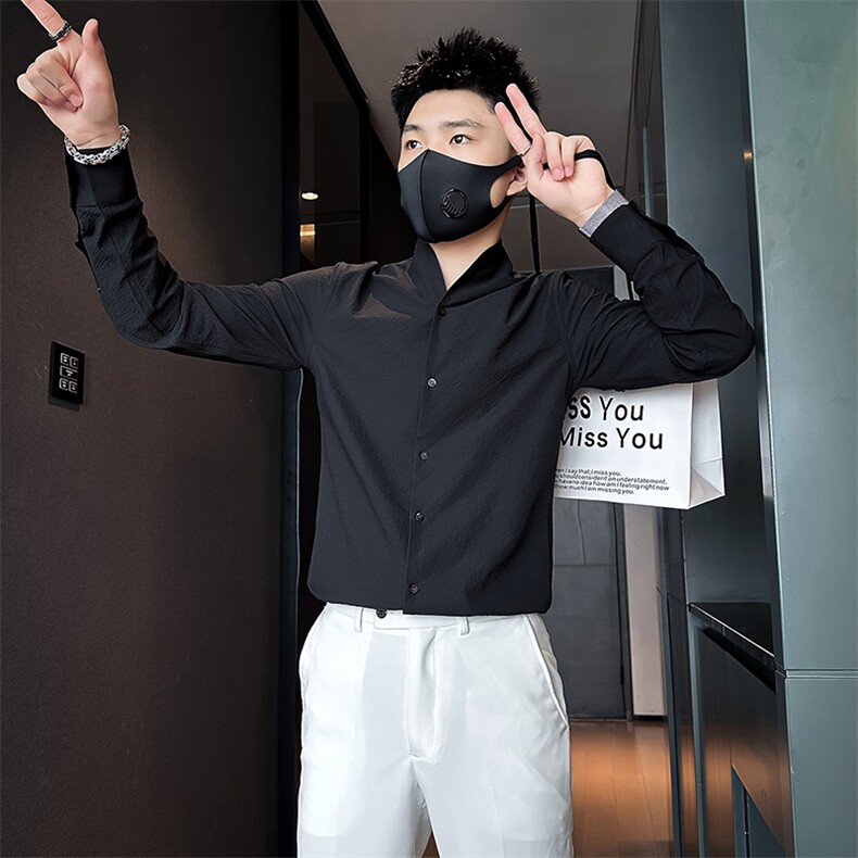 店主风立领衬衫男长袖高级感修身英伦社会小伙301C-CS08-P58控78,男装衬衫,星座301C（原B323）