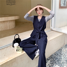 老钱风显瘦气质马甲套装女2025春秋季新款盐系打底衫阔腿裤三件套，女装套装/套裙，2C126