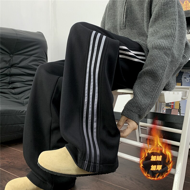 美式重磅三条杠卫裤男加绒加厚冬季cleanfit裤子设计感运动休闲裤图片