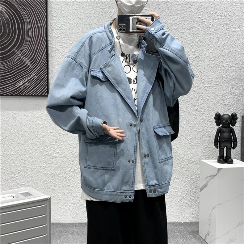 美式复古双排扣牛仔外套2023春秋宽松休闲运动口袋夹克W1554-P60,男装夹克,星座512-2