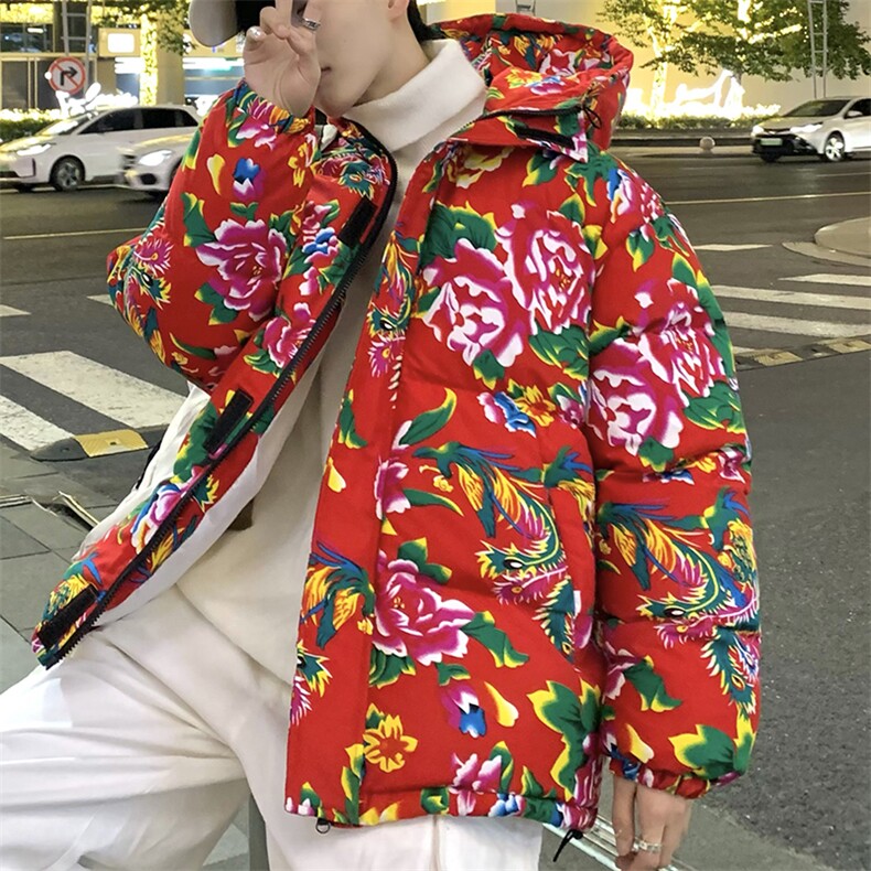 CC99东北大花连帽加厚保暖防寒棉衣外套风特色棉服情侣花衣图片